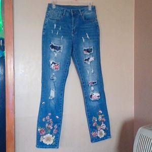 Ripped Patched Floral Jeans
